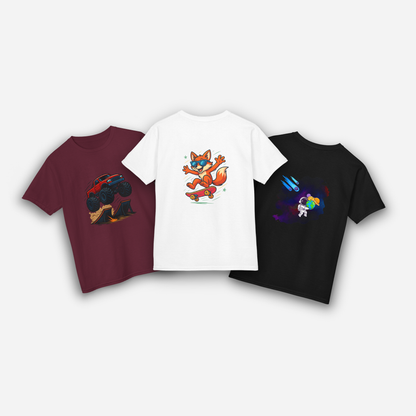 Three t-shirts with different designs on a white background